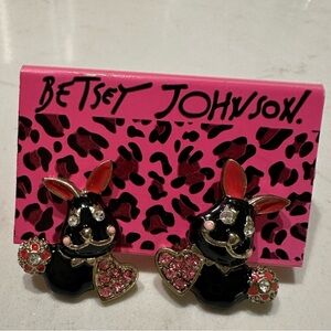 NWT Betsey Johnson Black and Pink Bunny Earrings with Heart Accents